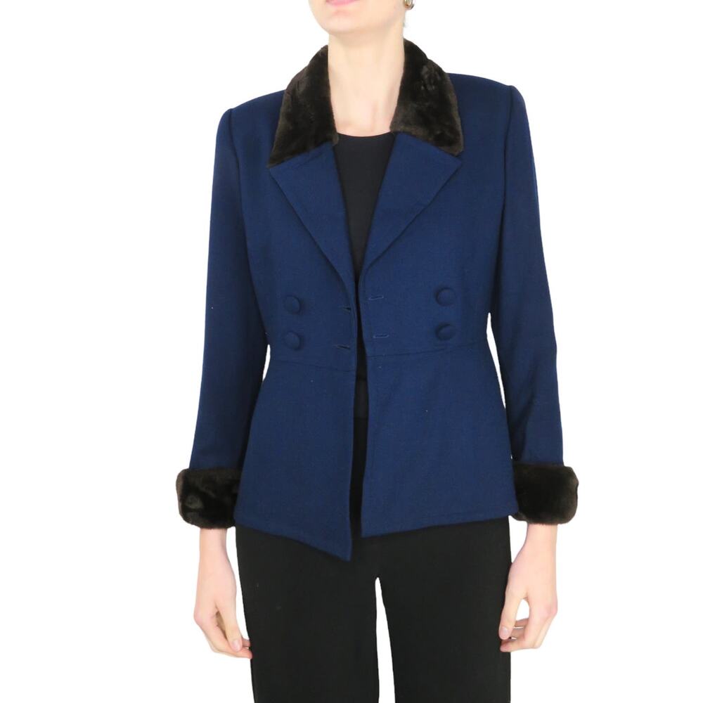 Noviello 1990s Vintage Blue Blazer Jacket with Fur Collar Formal Twee Small